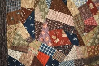 HANDSOME Vintage 1890 ' s Miniature Crazy Crib Quilt Early Brown Fabrics 4