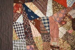 HANDSOME Vintage 1890 ' s Miniature Crazy Crib Quilt Early Brown Fabrics 5