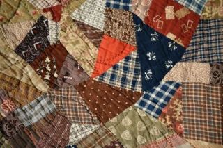 HANDSOME Vintage 1890 ' s Miniature Crazy Crib Quilt Early Brown Fabrics 6