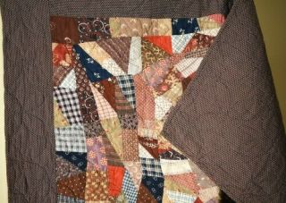 HANDSOME Vintage 1890 ' s Miniature Crazy Crib Quilt Early Brown Fabrics 8