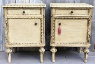 Antique Pair French Louis Xvi Painted & Carved Nightstands End Tables C.  1900