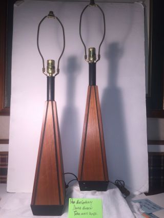 Pair Mid Century Danish Modern Teak Lamps Eames Retro Table Vtg 50s Atomic Home
