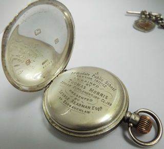 ANTIQUE 1911 STERLING SILVER FULL HUNTER POCKET WATCH & CHAIN 10