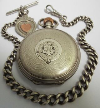 Antique 1911 Sterling Silver Full Hunter Pocket Watch & Chain
