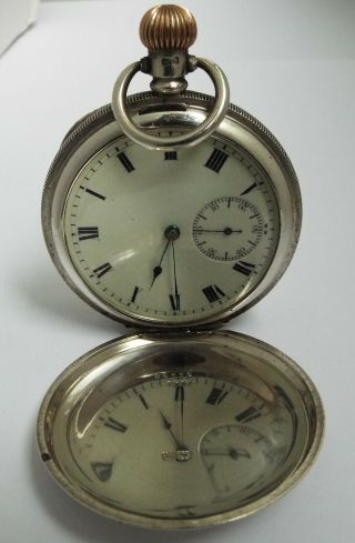 ANTIQUE 1911 STERLING SILVER FULL HUNTER POCKET WATCH & CHAIN 3
