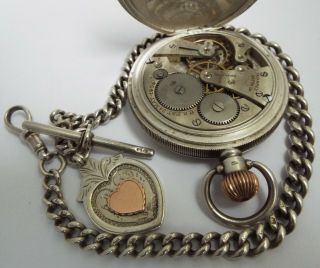 ANTIQUE 1911 STERLING SILVER FULL HUNTER POCKET WATCH & CHAIN 5