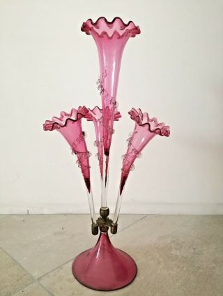 Important 1900 French Epergne Vase Glass Cranberry Pink Rubis Art Nouveau