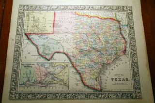 1863 Rare Antique Mitchell Atlas Map Of Texas - Handcolored