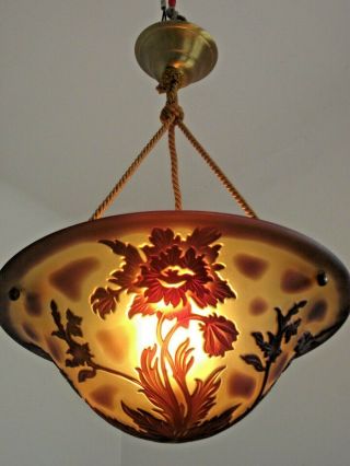 French Art Nouveau Signed De Vianne Acid Etched Floral Glass Ceiling Light 1313 12