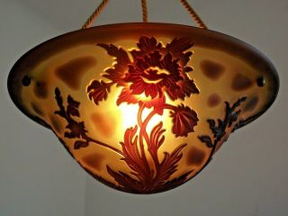 French Art Nouveau Signed De Vianne Acid Etched Floral Glass Ceiling Light 1313