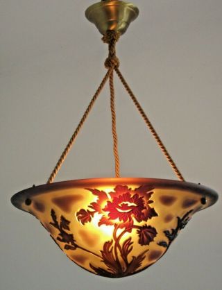 French Art Nouveau Signed De Vianne Acid Etched Floral Glass Ceiling Light 1313 2