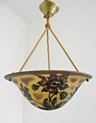 French Art Nouveau Signed De Vianne Acid Etched Floral Glass Ceiling Light 1313 3