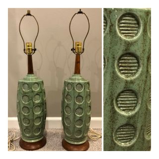 Vintage Mid Century Modern Pair Green Drop Glaze Ceramic & Teak Table Lamps Mcm