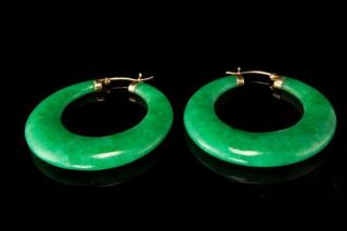 Large Vintage Chinese Deep Green Jade 585 14k Gold Hoop Earrings A82831