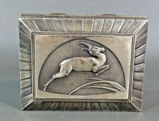 1920s Art Deco French Silverplate Cigarette Case Jewelry Box Gazelle Antelope