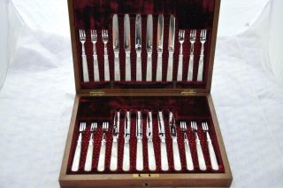 12 Pairs Carved Mother Of Pearl & Sterling Silver Knives & Forks Sheffield 1906