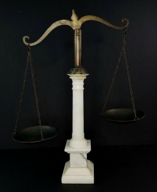 Vintage Brass & White Marble Pillar Heavy Scales Of Justice - Office/lawyer - Italy