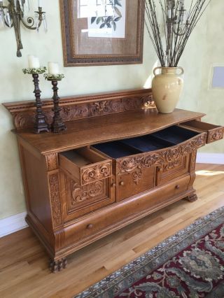 Antique Fancy Oak Server Buffet – highly carved 3