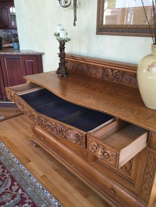 Antique Fancy Oak Server Buffet – highly carved 5