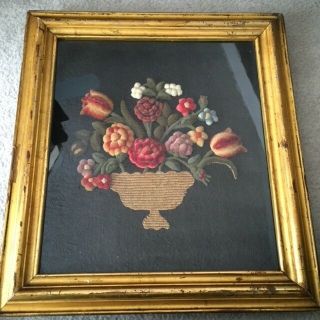 Very Rare Mid - 1860 Shadow Box With Wool Flower Bouquet