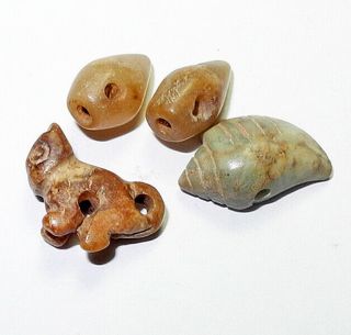 4 Pre - Columbian - Jaguar & Shell Shaped Beads - Moche Culture Peru - C 800 Ad