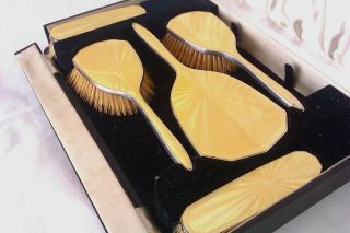 Solid Silver Enamel Guilloche Art Deco Boxed Dressing Table Set W.  G.  Sothers 1933