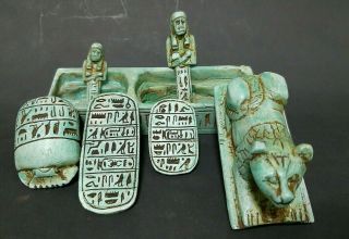 Ancient Egyptian Antiques Box,  (lion And Scarab,  Two Talisman Two Ushabti) Bc