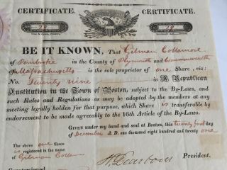 General Henry Dearborn AUTOGRAPHED STOCK CERTIFICATE Signed c1821 Boston L3 2