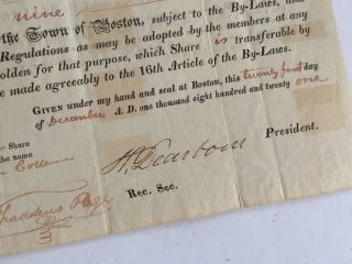 General Henry Dearborn AUTOGRAPHED STOCK CERTIFICATE Signed c1821 Boston L3 4