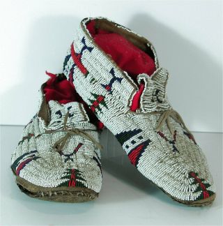C1880s Pair Native American Cheyenne Indian Bead Decorated Hide Moccasins Beaded