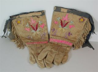 C1880s Pair Native American Sioux Indian Quill Decorated Hide Gauntlets / Gloves