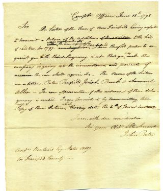 Connecticut Comptroller John Porter Written Letter Failure To Collect Taxes 1798