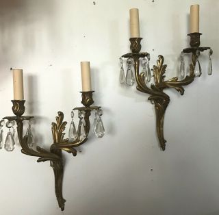 Antique Pair Brass Double Socket Electric Wall Sconces Prisms Louis Xv Style 1