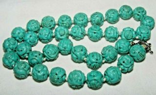 Antique Chinese Turquoise Shou Beads Necklace 29.  5 " Hand Carved Knotted