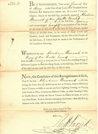 Revolutionary War General Richard Varick 1792 Tavern License Signed As Ny Mayor