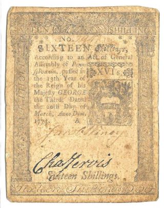 Colonial Currency Pennsylvania Rare 16 Shilling Note 1773 Printed Hall & Sellers