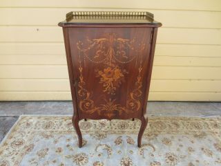 Antique English Mahogany Sheet Music Cabinet With Gorgeous Inlay & Brass Gallery