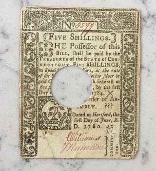 Revolutionary War Connecticut Colonial Note Of Currency 1760 Five Shillings