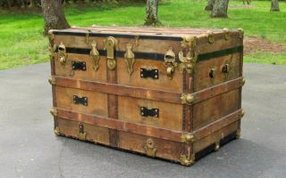 Antique Rustic Flat Top Wood Steamer Trunk Natural Finish 34 "