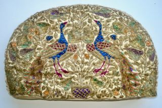 Antique 19th Century Metallic Thread & Silk Embroidered Peacock Tea Cosy