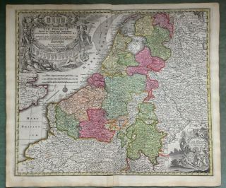 Holland Belgium Luxembourg Matheus Seutter 1730 Large Antique Engraved Map
