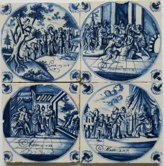4 18th Century Dutch Delft Delftware Biblical Religious Bible Tiles Carreau