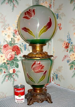 C.  1900 Consolidated/fostoria Stained Glass Tulips Parlor Gwtw Banquet Lamp