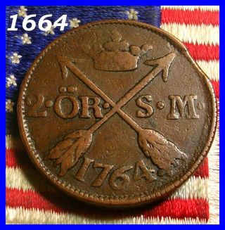 Authentic 1764 2 Ore Arrows Hudson Fur Trade Colonial Revolutionary War Coin F