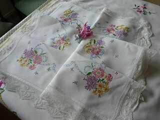 Vintage Hand Embroidered Tablecloth=beautiful Flower Bouquets - So Lovely