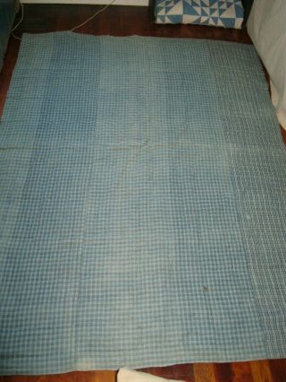 Antique Early Cadet Blue Homespun Check Comforter Quilt Primitive
