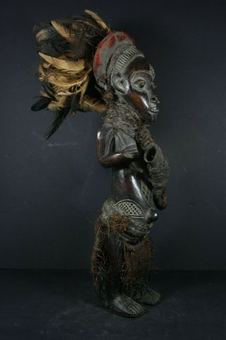 Large Chokwe Female African Ancestor Statue With Feather Headdress,  Tribal Art