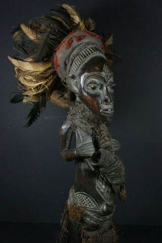 Large CHOKWE Female African ancestor statue with feather headdress,  TRIBAL ART 6