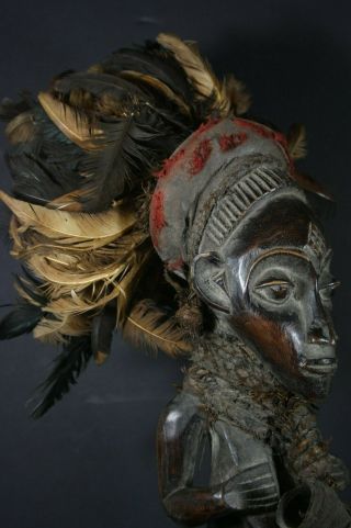 Large CHOKWE Female African ancestor statue with feather headdress,  TRIBAL ART 7