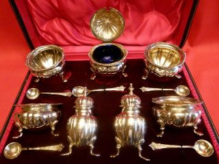 373g Quality Edwardian 12 Pce Solid Silver Large Cased Cruet Set.  Stunning.